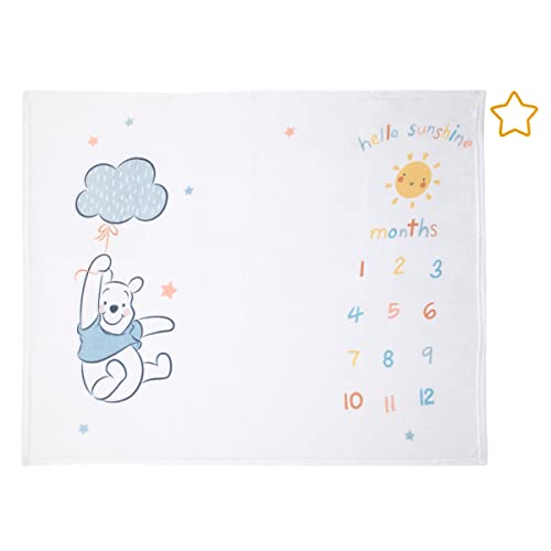 Disney Winnie the Pooh White, Yellow, and Aqua Super Soft Milestone Baby Blanket