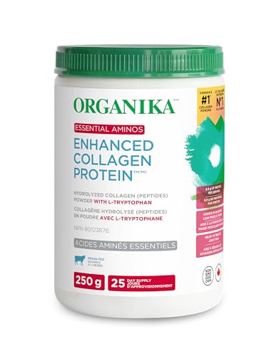 Organika Enhanced Collagen Protein Essential Aminos - Complete Essential Amino Profile for Muscle Growth and Recovery, Joint Support, and Skin Hydration - Grass Fed, Unflavoured - 250g, 25 Servings