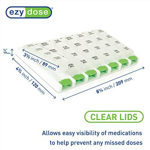 EZY DOSE Weekly (7 Day) 4 Times a Day Push Button Pill Organizer and Vitamin Planner, Removable Daily Pillboxes, Green, Clear Lids, Large