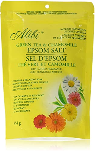 Alibi Epsom Salt Scented - Green Tea Epsom Salts for soaking and bath salts - Natural Magnesium Sulfate Crystals - 3 Resealable Bags of 454 grams = 1.36 kg White