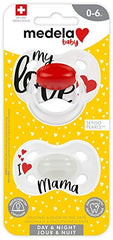 Medela Baby Pacifier | Day and Night Glow in The Dark | 0-6 Months | 2-Count, Lightweight | BPA-Free | Supports Natural Suckling | My Love and I Love Mama