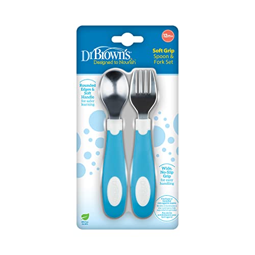 Dr. Brown's Designed to Nourish Soft-Grip Spoon and Fork, Blue & White