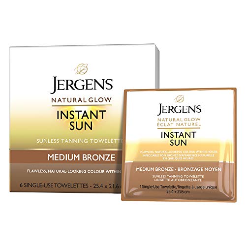 Jergens Natural Glow Instant Sun Self Tanning Towelettes, Medium Bronze Shade (6 Count)