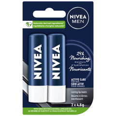 NIVEA MEN Active Lip Balm, (2 X 4.8g) | Made with Jojoba Oil & Shea Butter, 24H Hydration