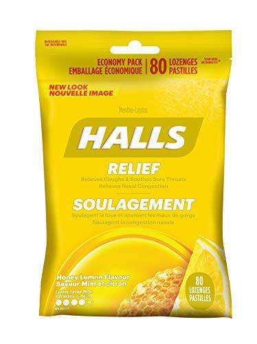 HALLS Triple Soothing Action Cough Drops, Honey Lemon, 1 Resealable Bag (80 Drops Total)