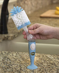 Nuby Easy Clean Dispensing Soft and Durable Bristle Bottle Brush with Textured Handles and Suction Base, 2 in 1 System, Blue