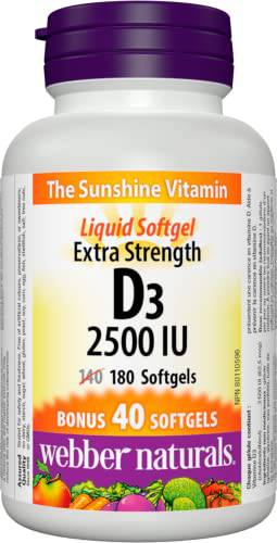 Webber Naturals Vitamin D3 2,500 IU Extra Strength, 180 Softgels, For Healthy Bones, Teeth, and Helps Prevent Vitamin D Deficiency - Zecoya