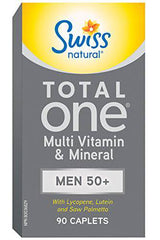 Swiss Natural Total One Multi Vitamin & Mineral | Men 50+ with Lycopene, Lutein and Saw Palmetto | Daily Maintenance for Overall Health | No Preservatives or Dairy | 90 Caplets