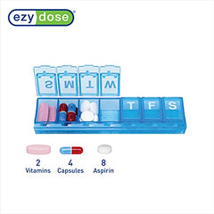 EZY DOSE Weekly (7-Day) Pill Planner, Medicine Case, Vitamin Organizer Box, Small Locking Compartments to Secure Prescription Medication and Prevent Accidental Spilling, Blue