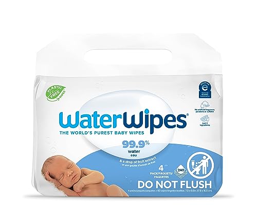 WaterWipes Plastic-Free Original Baby Wipes, 99.9% Water Based Wipes, Unscented & Hypoallergenic for Sensitive Skin, 240 Count (4 packs), Packaging May Vary