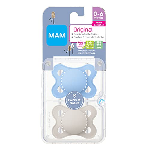 MAM Original Matte Pacifier (2 pack, 1 Sterilizing Pacifier Case), Pacifiers 0-6 Months, Baby Boy Pacifier, Best Pacifiers for Breastfed Babies, Sterilizing Storage Case