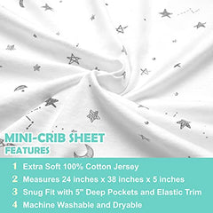 American Baby Company 100% Natural Cotton Value Jersey Knit Fitted Portable/Mini-Crib Sheet, Gray Stars/zigzag/ Gray, 24" x 38" x 5", Soft Breathable, for Boys and Girls, Pack of 3