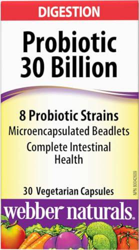 Webber Naturals Probiotic 30 Billion Active Cells, 8 Probiotic Strains, 30 Capsules, For Digestive Health, Vegetarian - Zecoya