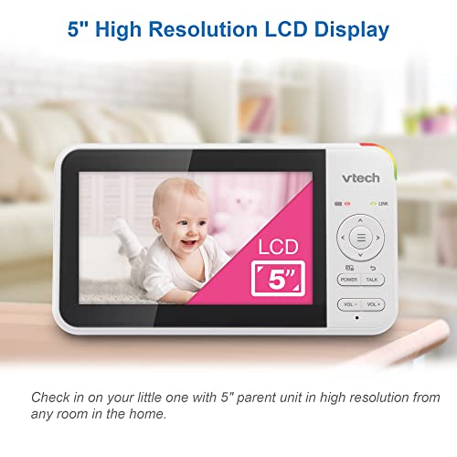 VTech VM924 Pan & Tilt Video Baby Monitor, 5" LCD Screen, Up to 17 Hrs Video Battery Life, Plug & Play, 1.33x Zoom, Night Vision, Up to 1000ft Range, Soothing Sounds, 2-Way Talk, Secured Transmission