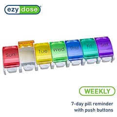 EZY DOSE Push Button (7-Day) Pill, Medicine, Vitamin Organizer Box Weekly, Daily Extra Large Compartments Rainbow Lids FDA Registered, Rainbow 1 Count (Pack of 1)