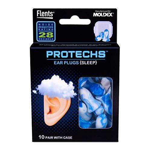 Flents Protechs Reusable Ear Plugs For Improved Sleeping, Protection From Loud Environments, For Small Ear Canals, 10 Pairs With Case, NRR 28, Blue, Made In The USA