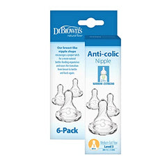 Dr. Brown's Natural Flow Level 3 Narrow Baby Bottle Silicone Nipple, Medium-Fast Flow, 6m+, 100% Silicone Bottle Nipple, clear, 6 Count (Pack of 1)