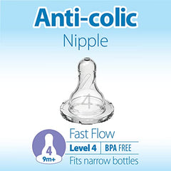 Dr. Brown's Natural Flow Level 4 Narrow Baby Bottle Silicone Nipple, Fast Flow, 9m+, 100% Silicone Bottle Nipple, 6 Pack