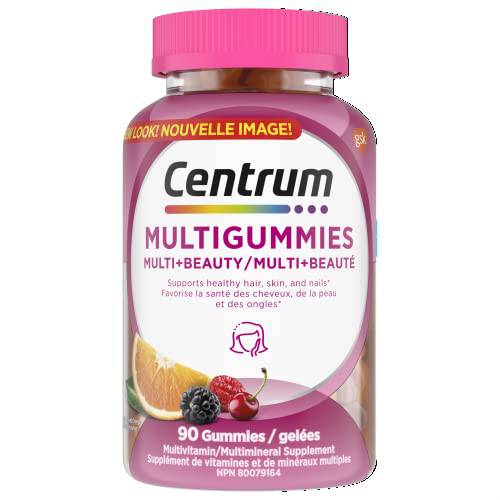 Centrum MultiGummies, Multi+Beauty Multivitamin Gummies, Hair, Skin & Nails Vitamins for Men & Women, Cherry, Berry, and Orange Flavours, 90 Gummies (Packaging May Vary)