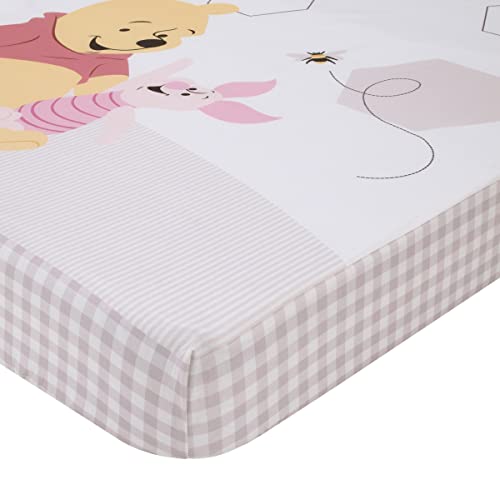 Disney Winnie the Pooh Hugs and Honeycombs Grey and White "Dreams as Sweet as Honey" with Hexagons and Piglet 100% Cotton Photo Op Fitted Crib Sheet