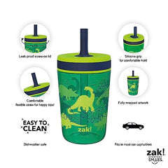 Zak Designs Kelso 15 oz Tumbler Set, (Dino Camo) Non-BPA Leak-Proof Screw-On Lid with Straw Made of Durable Plastic and Silicone, Perfect Baby Cup Bundle for Kids (2pc Set)