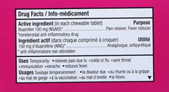 Junior Strength Advil (20 Count, Blue Raspberry Flavour) Ibuprofen Chewable Tablets Fever Relief