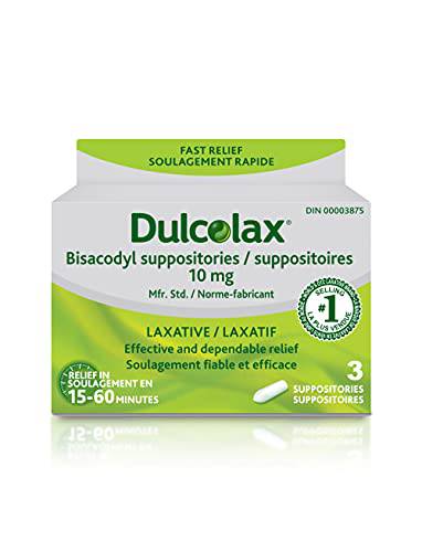 Dulcolax 10 MG Suppositories 3 CT - Bisacodyl Active Ingredient - Effective Relief of Occasional Constipation - Relief Within 15-60 Minutes - Suitable for Children 12 Years & Older, Adults and Breastfeeding Women