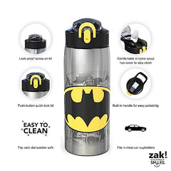 Zak Designs 27oz DC Comics 18/8 Single Wall Stainless Steel Water Bottle with Flip-up Straw Spout and Locking Spout Cover, Durable Cup for Sports or Travel (27oz, Batman)