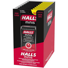 Halls Minis No Sugar Added Cherry Cough Drops, 24 lozenges per pack, 8 packs per tray