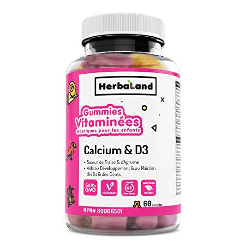 Herbaland Vegetarian Calcium and Vitamin D3 Gummies for Kids - Natural Ingredients Vitamin Supplement for the development and maintenance of bones and teeth - Strawberry and Citrus Flavor - 60 Gummies