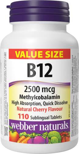 Webber Naturals Vitamin B12 2500 mcg, Quick Dissolve, 110 Tablets, Natural Cherry Flavour, Supports Energy Production and Metabolism, Vegetarian