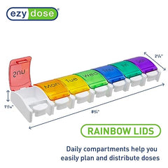 EZY DOSE Push Button (7-Day) Pill, Medicine, Vitamin Organizer Box Weekly, Daily Extra Large Compartments Rainbow Lids FDA Registered, Rainbow 1 Count (Pack of 1)