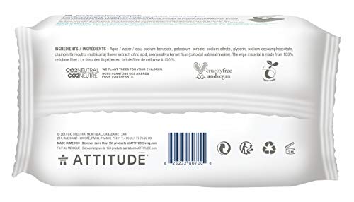 ATTITUDE Baby Wipes for Sensitive Skin, Hypoallergenic, Dermatologically Tested, Biodegradable, Plant-Based Ingredients, Enriched with Colloidal Oatmeal, Unscented, 72 Count