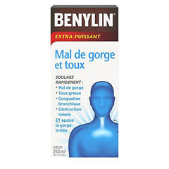 BENYLIN Extra Strength Sore Throat and Cough Syrup, Relieves Sore Throat and Wet Cough, 250 mL