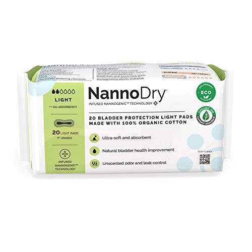 NannoDry Natural Incontinence Pads - Organic Cotton Bladder Leakage Pads - Pregnancy, Postpartum & Menopause Pads for Women and Men - 20 Light Incontinence Pads (20 Count (Pack of 1))