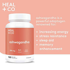 HEAL + CO. Ashwagandha Supplement | High Potency 5:1 extract, 5000mg per serving | Stress + Energy Support | 120 x 500 mg Capsules