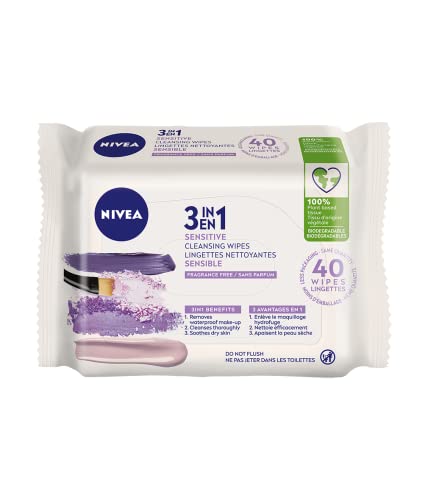 NIVEA 3-in-1 Biodegradable Face Cleansing & Makeup Removing Wipes for Sensitive Skin, 40 Wipes