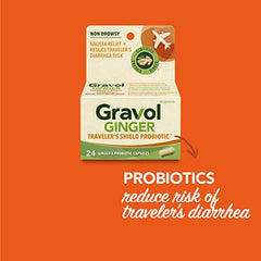 Gravol Ginger Traveler's Shield Probiotic Capsules, Nausea Relief & Reduce Traveler's Diarrhea Risk, Organic Ginger & Probiotic, Non Drowsy, 24 Capsules