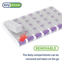 EZY DOSE Weekly (7 Day) 4 Times a Day Push Button Pill Organizer and Vitamin Planner, Removable Daily Pillboxes, Purple, Clear Lids, Large