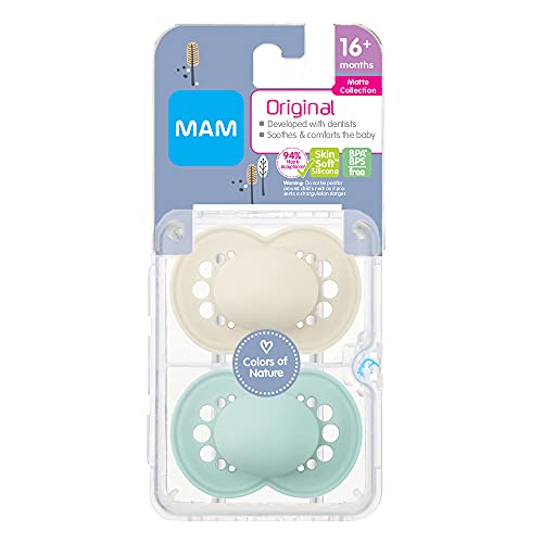 MAM Original Matte Pacifier (2 pack, 1 Sterilizing Pacifier Case), Pacifiers 16 Plus Months, Unisex Baby Pacifier, Best Pacifiers for Breastfed Babies, Sterilizing Storage Case