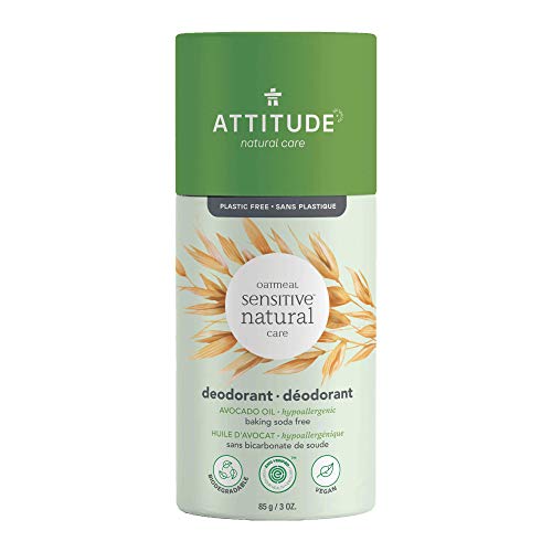 ATTITUDE Baking Soda Free Deodorant for Sensitive Skin Enriched with Oatmeal and Avocado Oil, EWG Verified, Aluminum Free, Plastic-Free, 85 grams