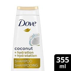 Dove Coconut + Hydration Shampoo nourishes and hydrates dry hair made with 92% natural origin ingredients 355 ml