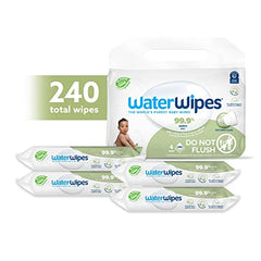 WaterWipes Plastic-Free Textured Clean, Toddler & Baby Wipes, 99.9% Water Based Wipes, Unscented & Hypoallergenic for Sensitive Skin, 240 Count (4 packs), Packaging May Vary