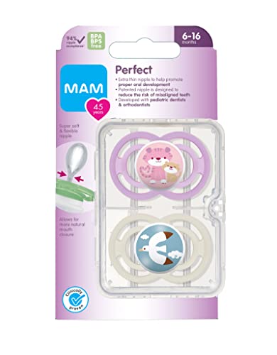 MAM Perfect Pacifiers (Pack of 2 Pacifiers, 1 Sterilizing Case), MAM Soother with a Soft Silicone Nipple, 6+ Months Baby Girl Essentials, Designs May Vary