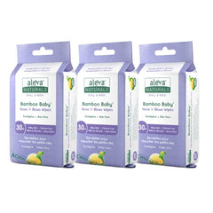 Aleva Naturals Bamboo Baby Nose 'n' Blows Wipes for Cleaning Stuffy Noses with Saline, Natural and Organic Formula, Extra Strong and Ultra-Soft, Biodegradable - Value Pack 30ct X 3= 90 Wipes