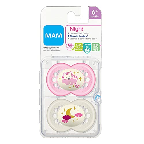 MAM Night Pacifiers (2 Pack, 1 Sterilizing Pacifier Case), MAM Pacifiers 6+ Months, Best Pacifier for Breastfed Babies, Glow in the Dark Pacifier, Baby Girl Pacifiers