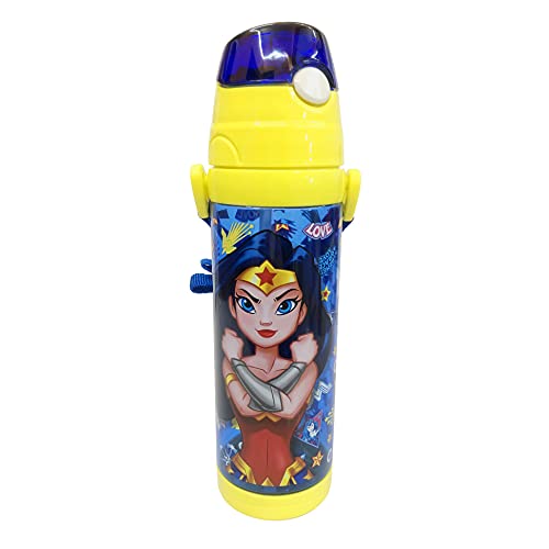 Danawares Wonder Woman Kids Water Bottle with Push Top Button Cap, Straw and Carrier Strap 650ml