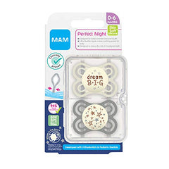 MAM Perfect Night Pacifiers (2 Pacifiers & Sterilizing Box), MAM Soother with a Soft Silicone Nipple, Glow in the Dark Pacifiers, Baby Essentials, Unisex, 0-6 Months