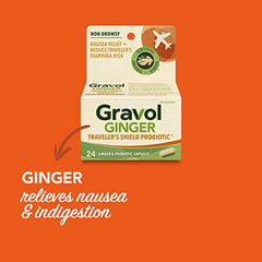 Gravol Ginger Traveler's Shield Probiotic Capsules, Nausea Relief & Reduce Traveler's Diarrhea Risk, Organic Ginger & Probiotic, Non Drowsy, 24 Capsules