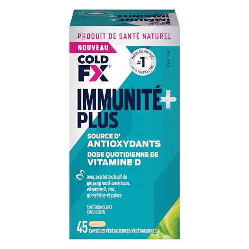 Cold-FX Immune+ Plus, with proprietary extract of North American Ginseng, Vitamin D, Zinc, Quercetin and Copper, Helps reduce Chance Cold and Flu, Immune System Support, 45 Vegan Vegetarian Capsules